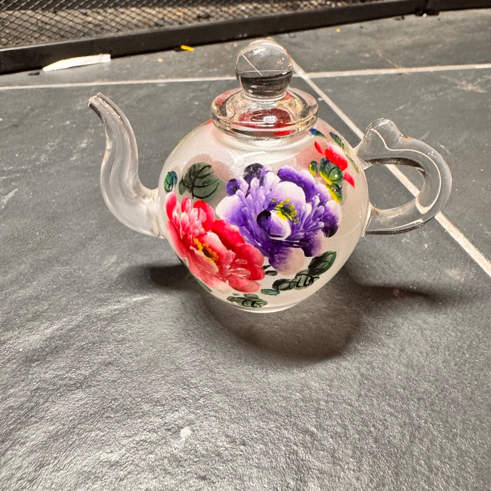 Vtg MCM Mini Glass Teapot Floral Painted Frosted Hand Blown Decorative Accent
